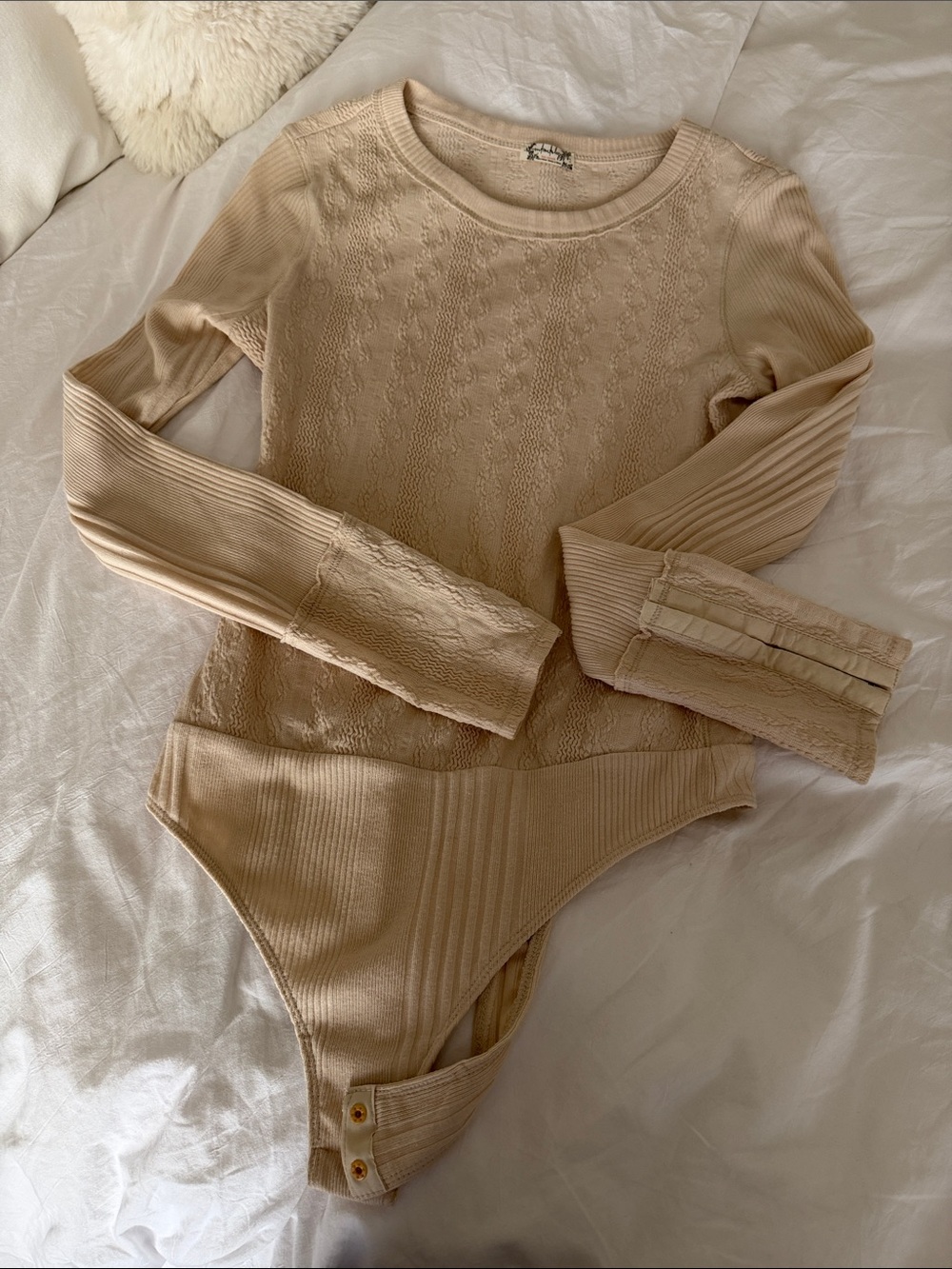 Free People Beige Ribbed Lace Long Sleeve Bodysuit